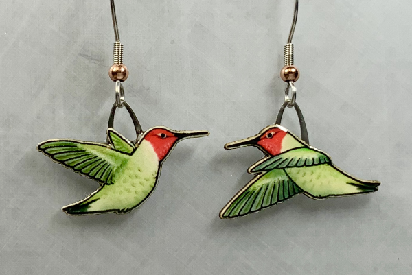Picture shown is of 1 inch tall pair of earrings of an Anna's Hummingbird.